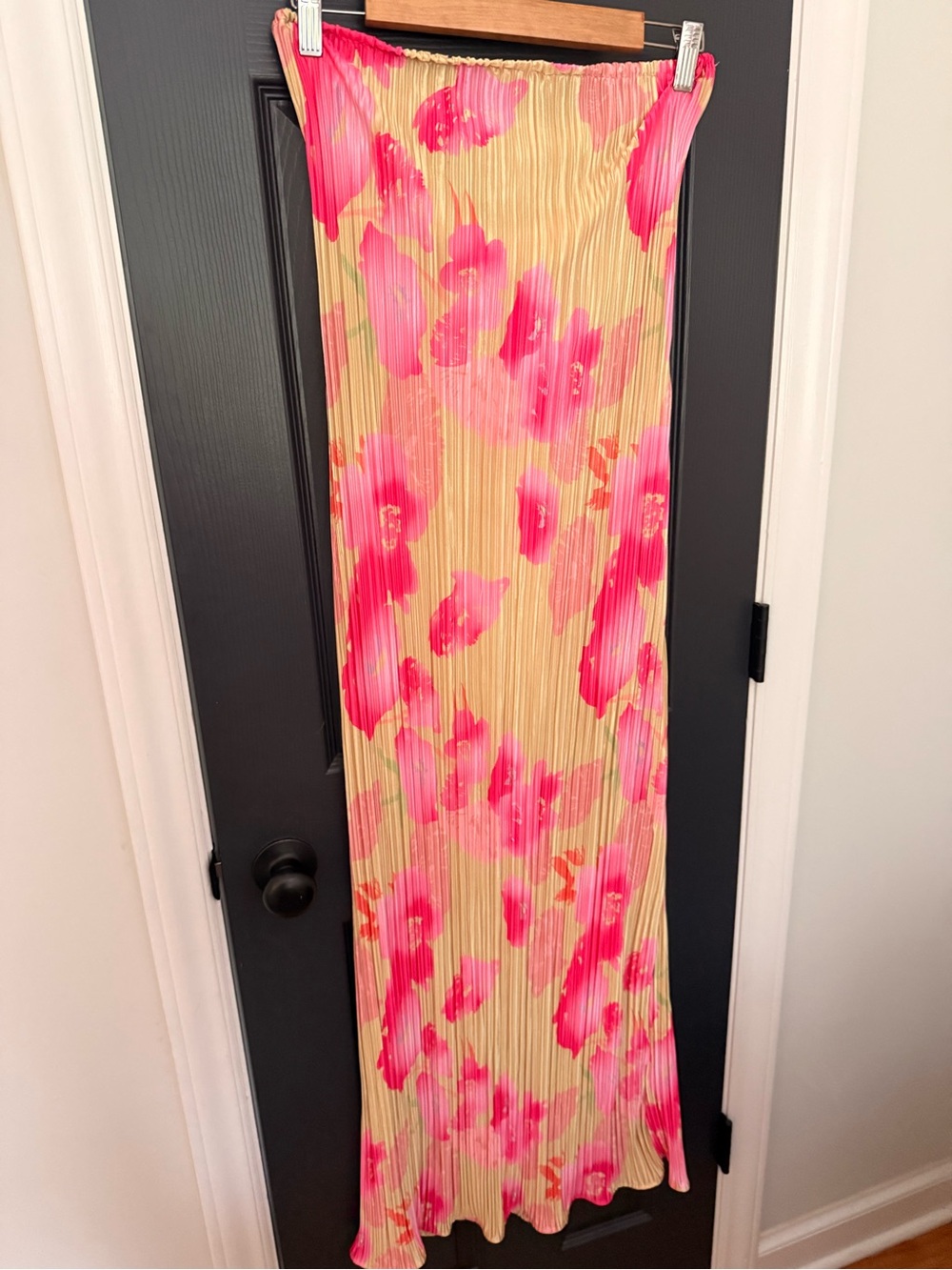 Green & Pink Floral Pleated, Strapless Maxi Dress